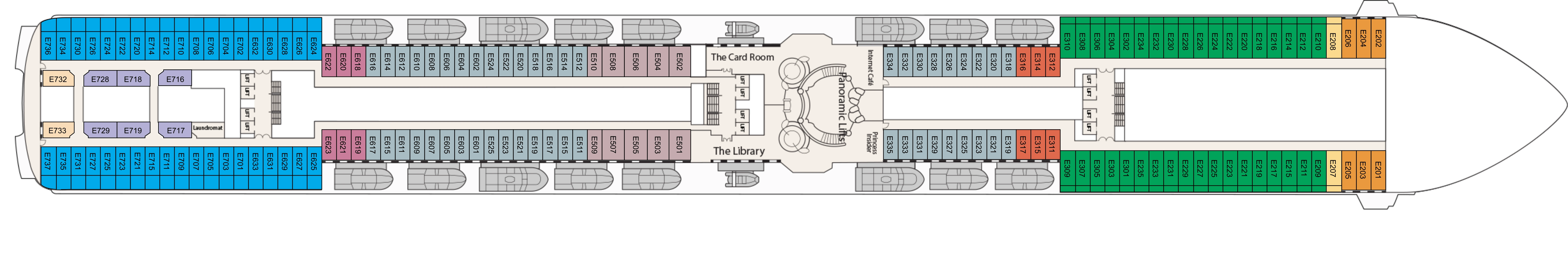 Coral Princess, Deck 8: official cabin and venue layout
