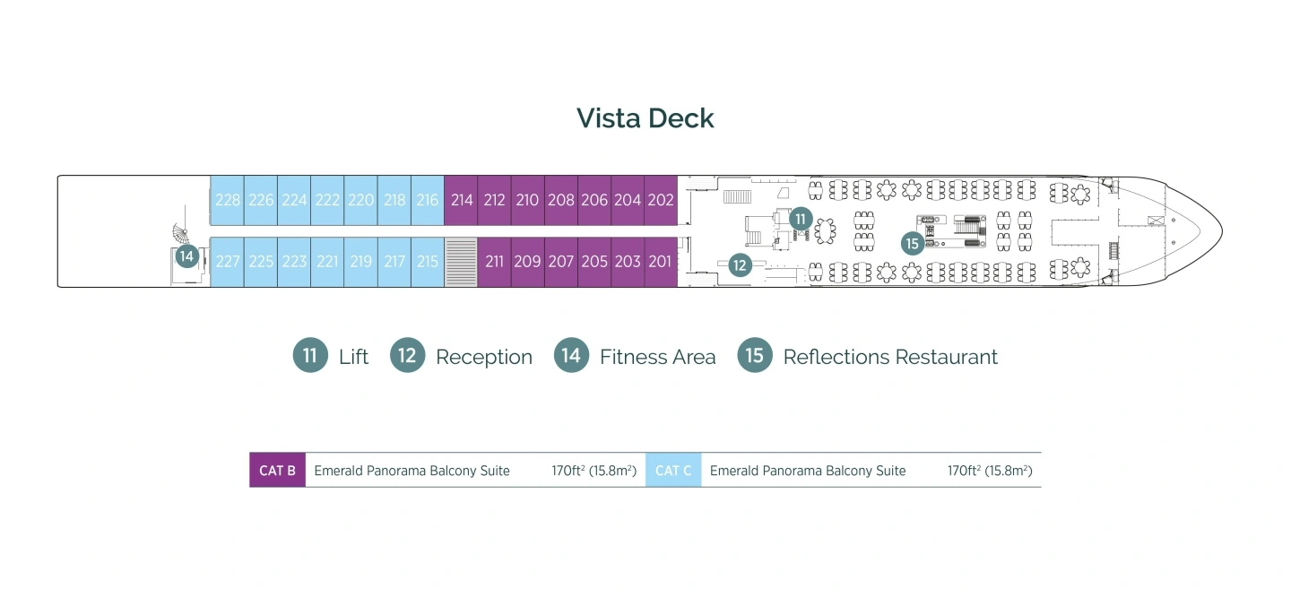 Emerald Liberté, Deck 2: official cabin and venue layout