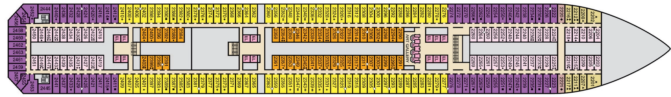 Carnival Sunrise, Deck 2: official cabin and venue layout