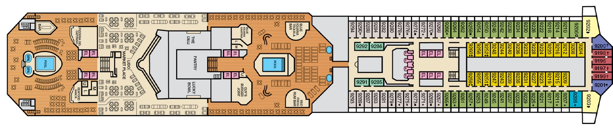 Carnival Sunrise, Deck 9: official cabin and venue layout