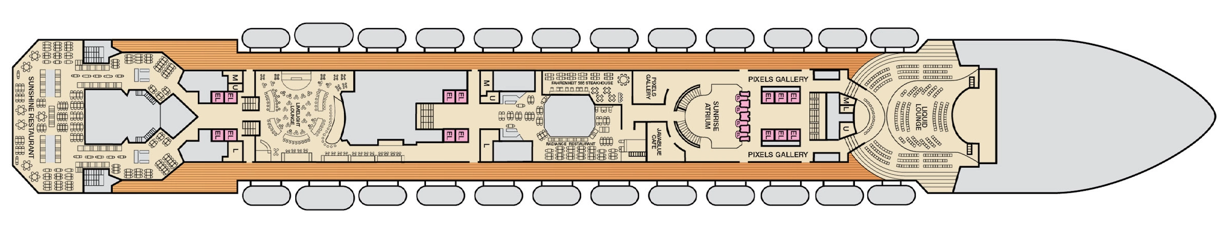 Carnival Sunrise, Deck 4: official cabin and venue layout