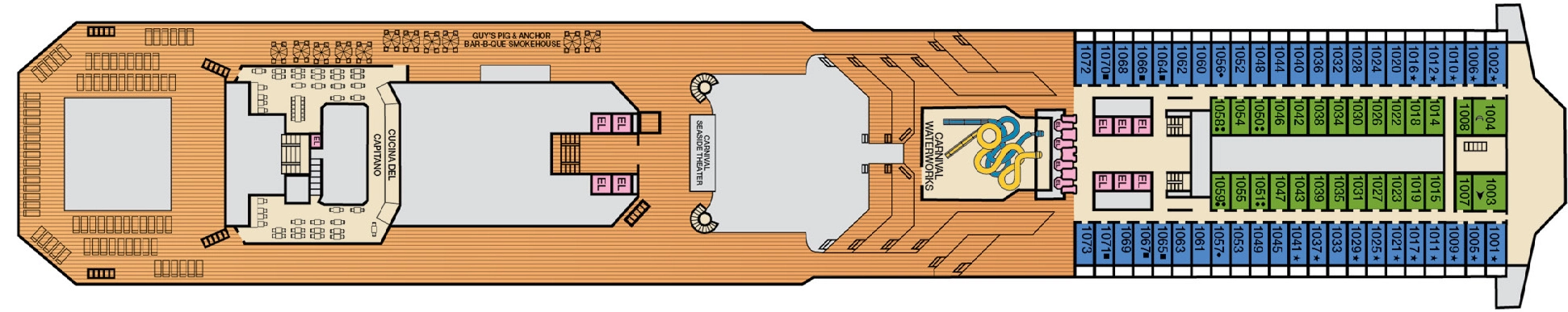 Carnival Sunrise, Deck 10: official cabin and venue layout