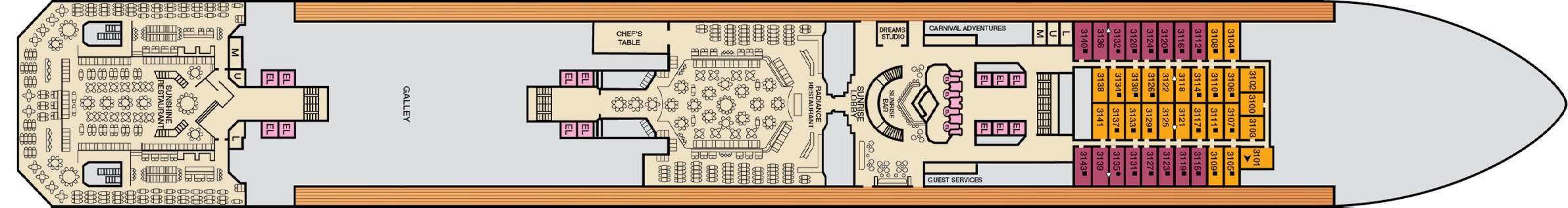 Carnival Sunrise, Deck 3: official cabin and venue layout