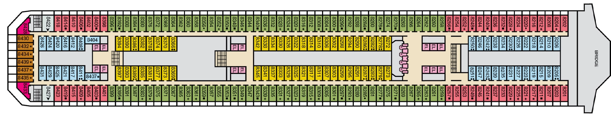 Carnival Sunrise, Deck 8: official cabin and venue layout