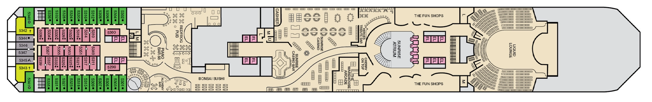 Carnival Sunrise, Deck 5: official cabin and venue layout