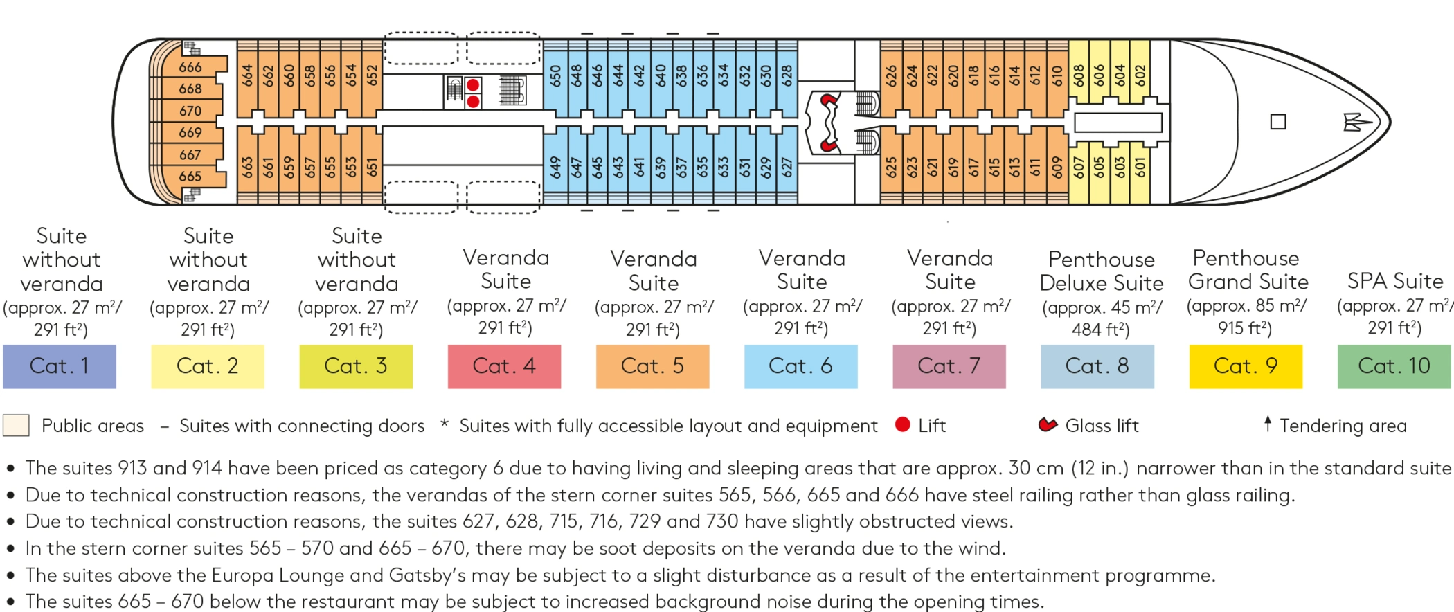 Europa, Deck 6: official cabin and venue layout