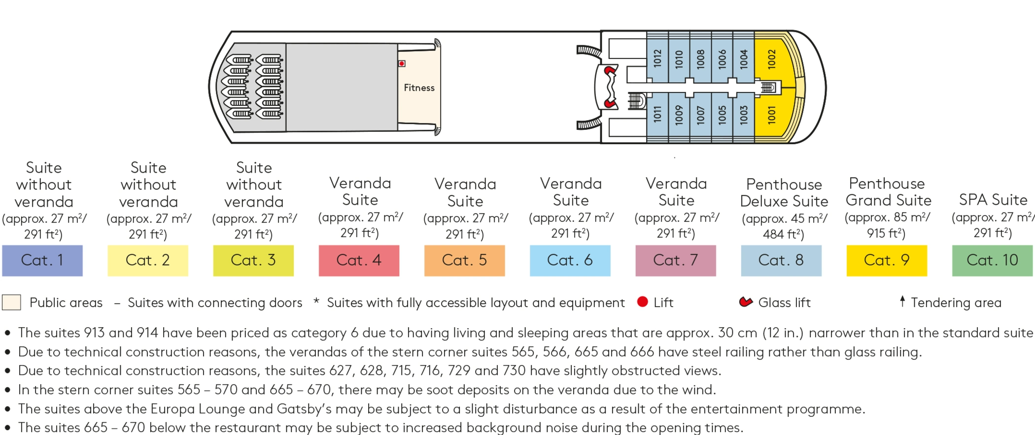 Europa, Deck 10: official cabin and venue layout