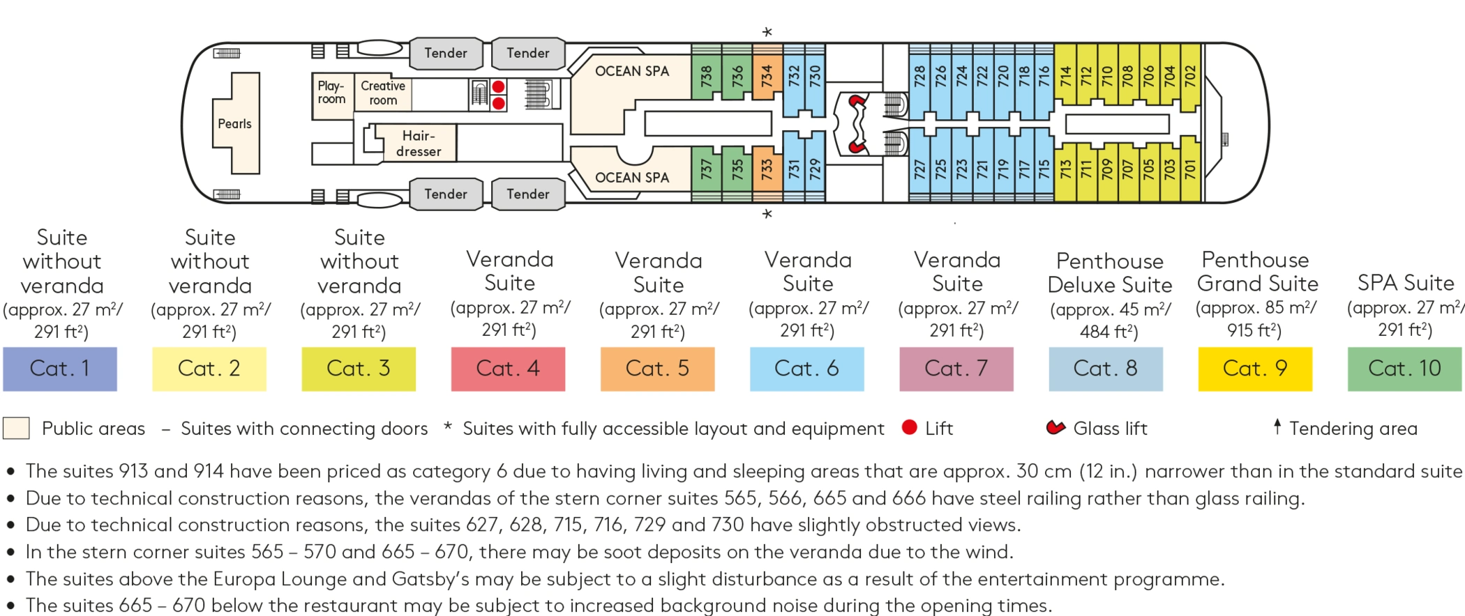 Europa, Deck 7: official cabin and venue layout