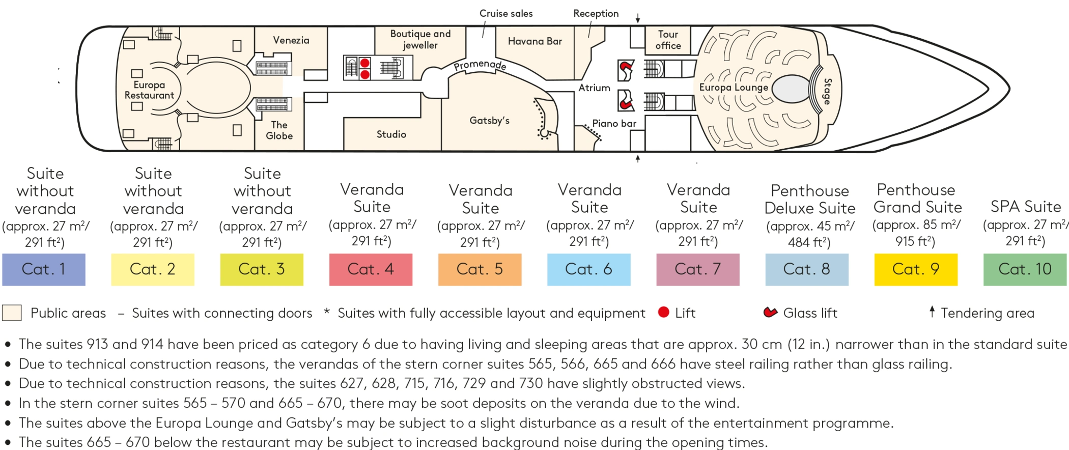 Europa, Deck 4: official cabin and venue layout