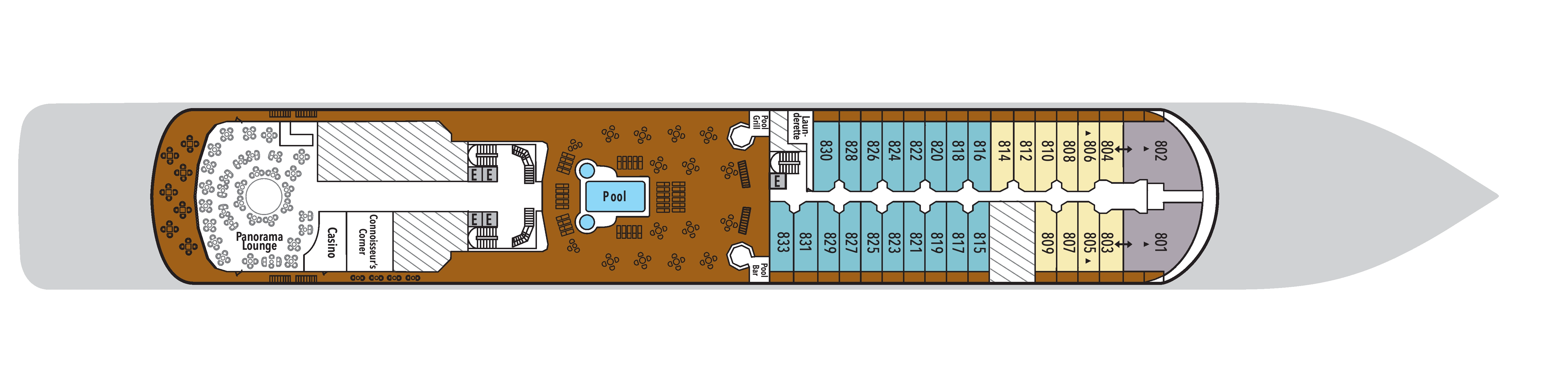 Silver Shadow, Deck 8: official cabin and venue layout