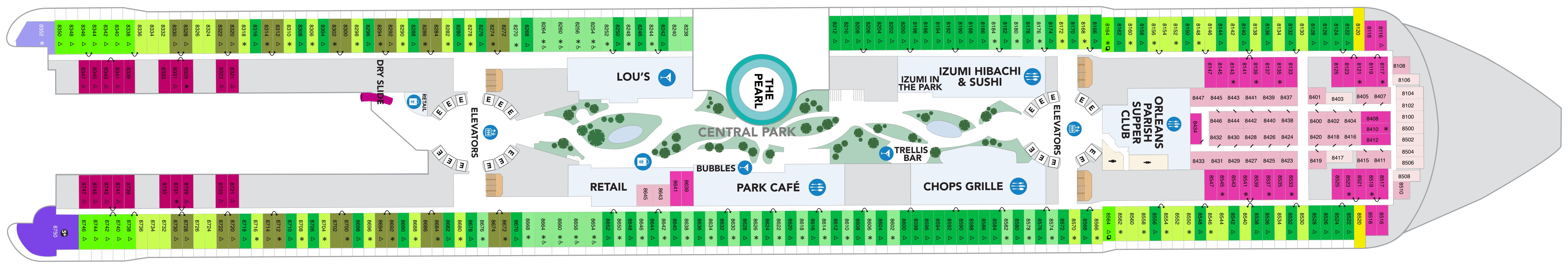 Hero of the Seas, Deck 8: official cabin and venue layout