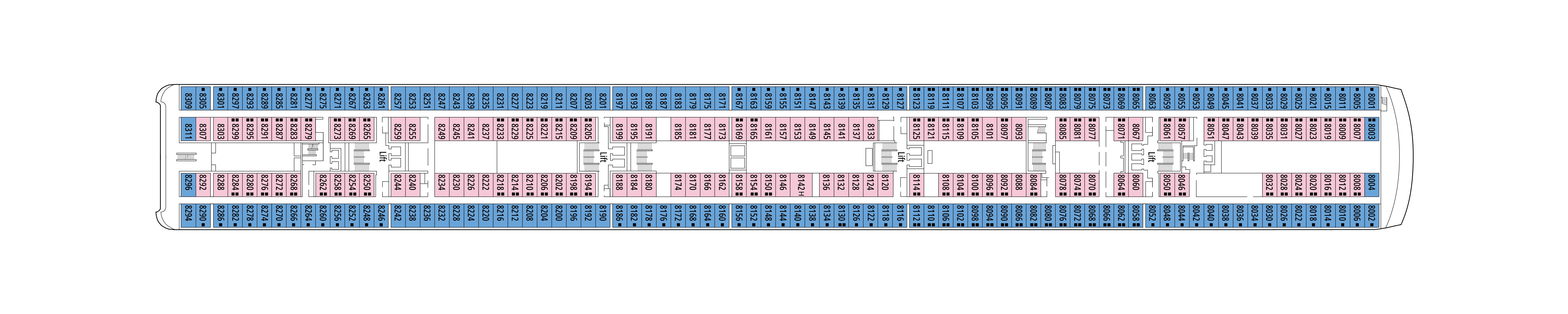 MSC Lirica, Deck 8: official cabin and venue layout