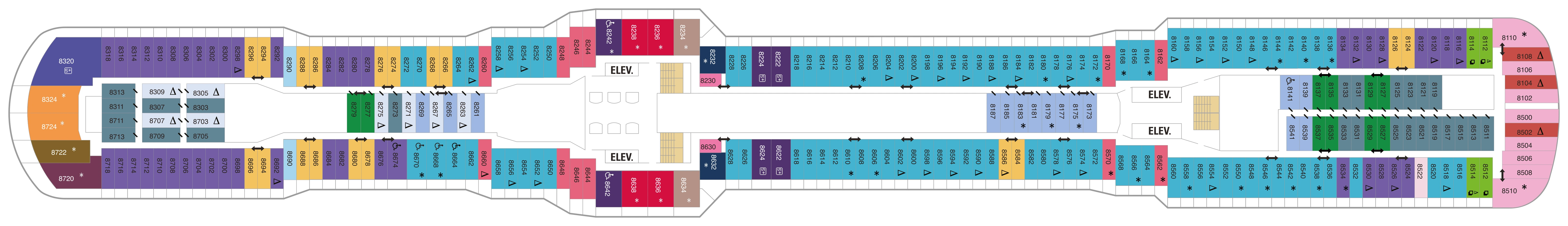Quantum of the Seas, Deck 8: official cabin and venue layout