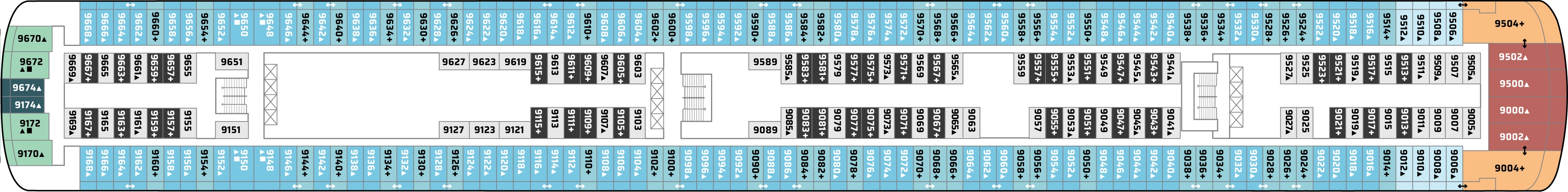 Norwegian Gem, Deck 9: official cabin and venue layout