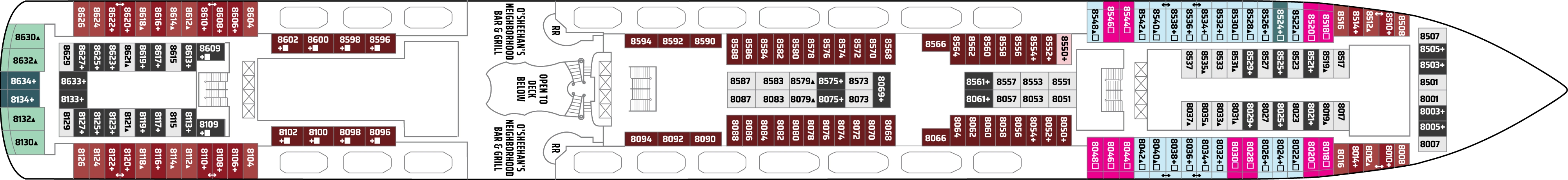Norwegian Gem, Deck 8: official cabin and venue layout