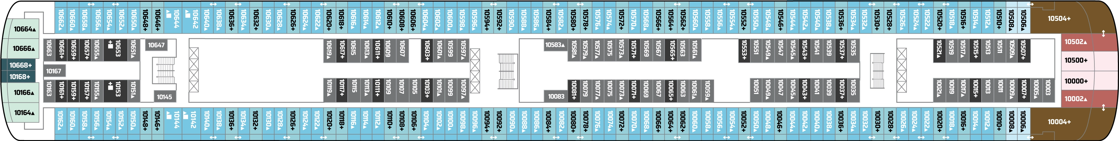 Norwegian Gem, Deck 10: official cabin and venue layout