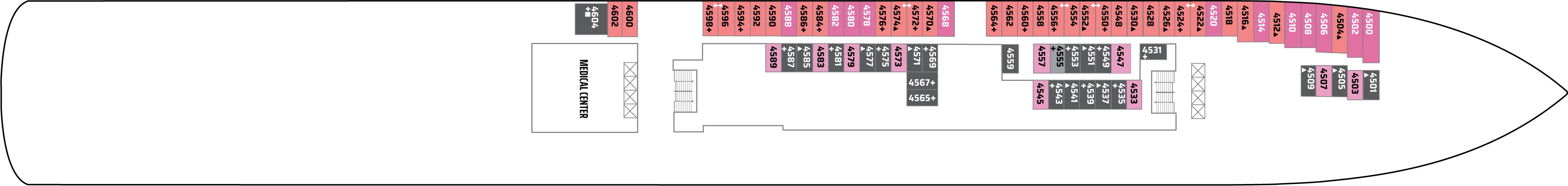 Norwegian Gem, Deck 4: official cabin and venue layout