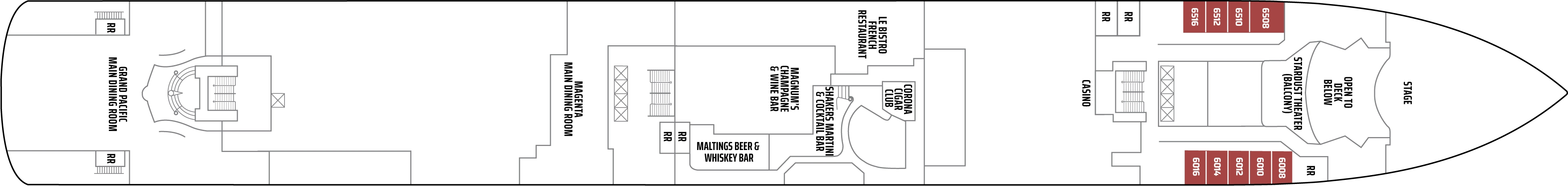 Norwegian Gem, Deck 6: official cabin and venue layout
