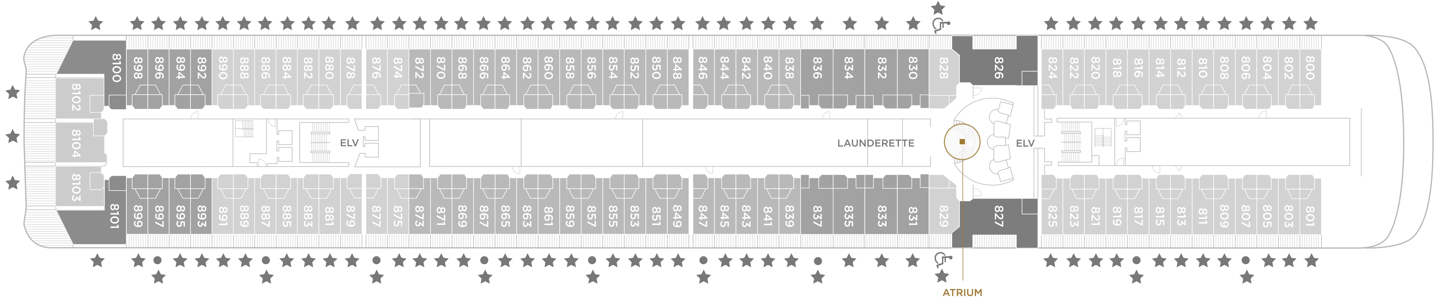 Seven Seas Mariner, Deck 8: official cabin and venue layout