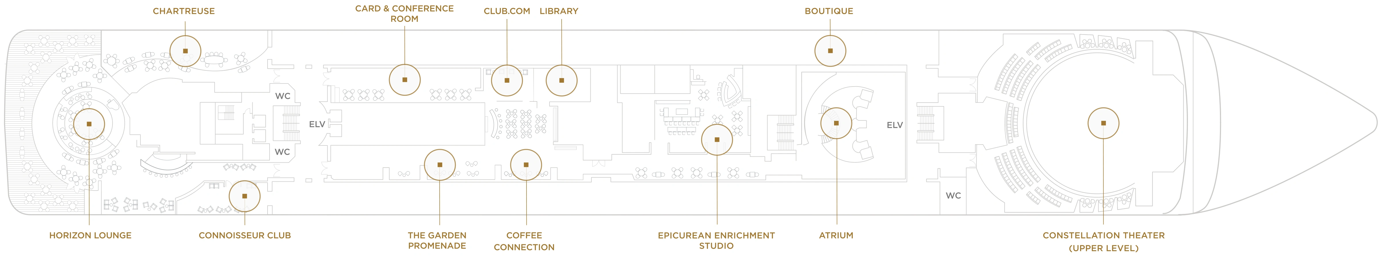 Seven Seas Mariner, Deck 6: official cabin and venue layout