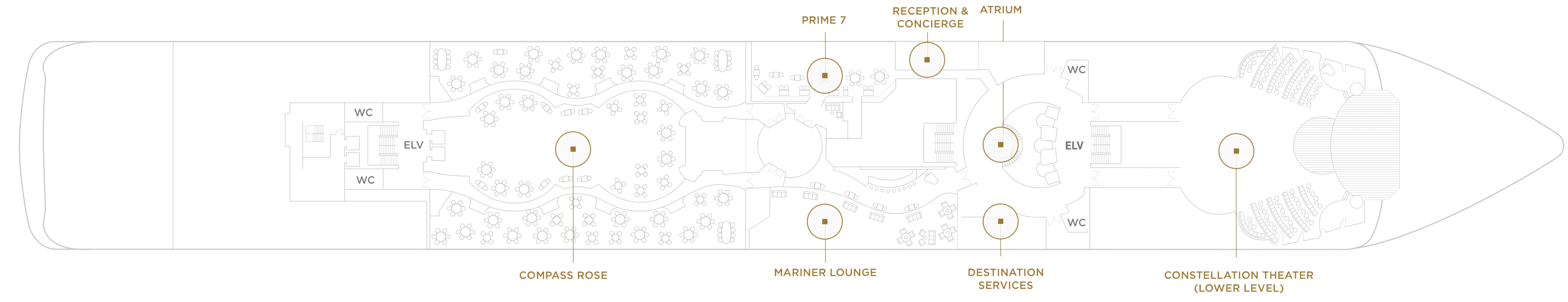 Seven Seas Mariner, Deck 5: official cabin and venue layout