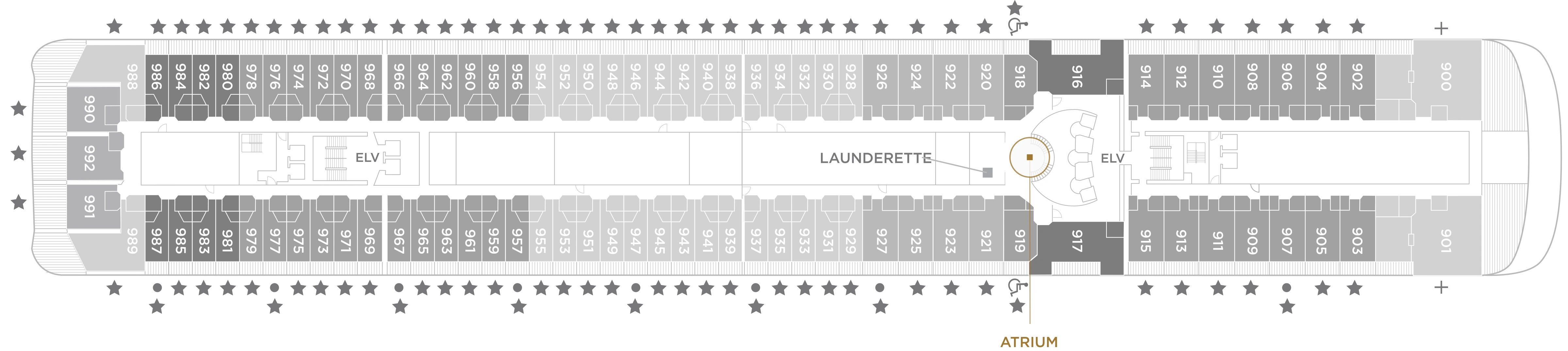 Seven Seas Mariner, Deck 9: official cabin and venue layout
