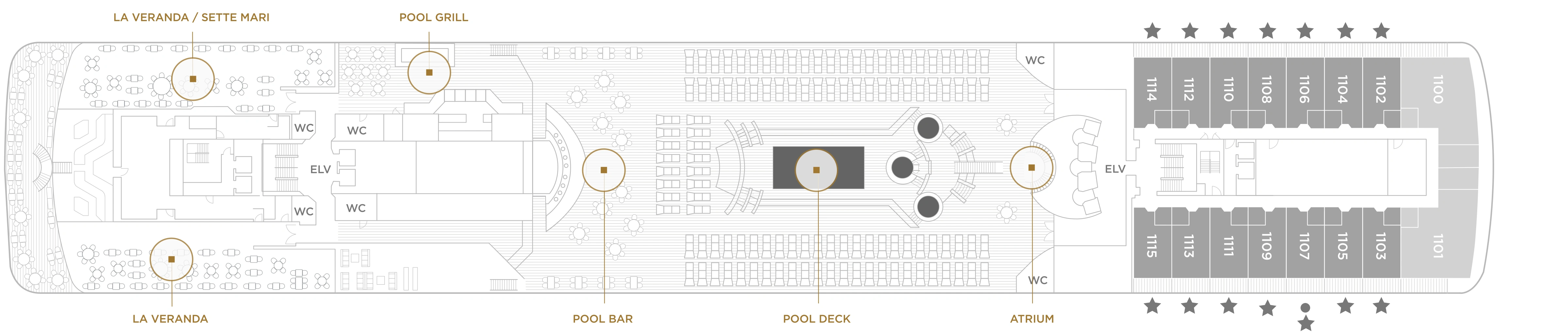 Seven Seas Mariner, Deck 11: official cabin and venue layout