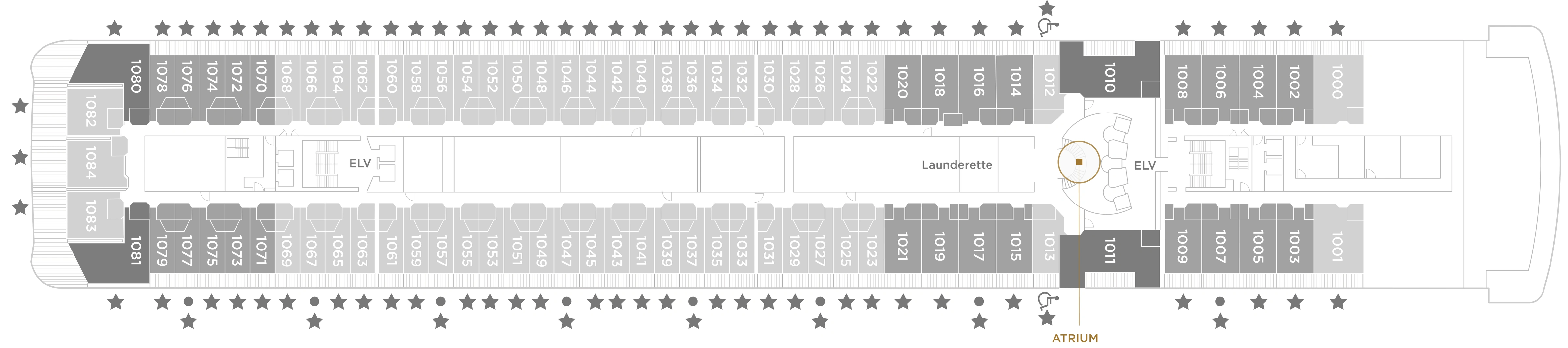 Seven Seas Mariner, Deck 10: official cabin and venue layout