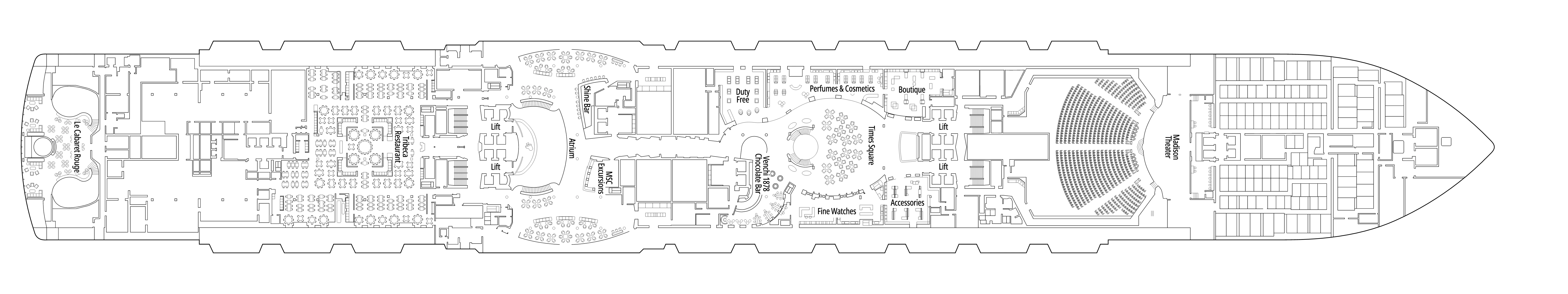 MSC Seashore, Deck 6: official cabin and venue layout