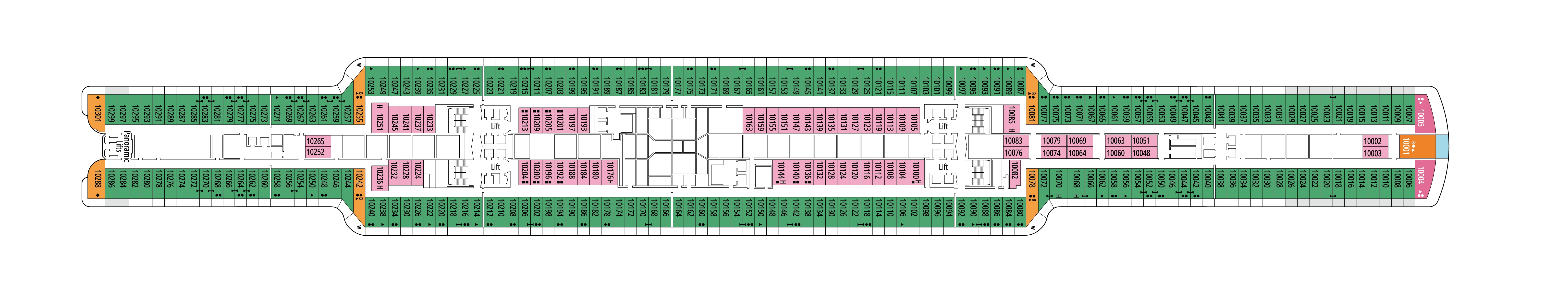 MSC Seashore, Deck 10: official cabin and venue layout