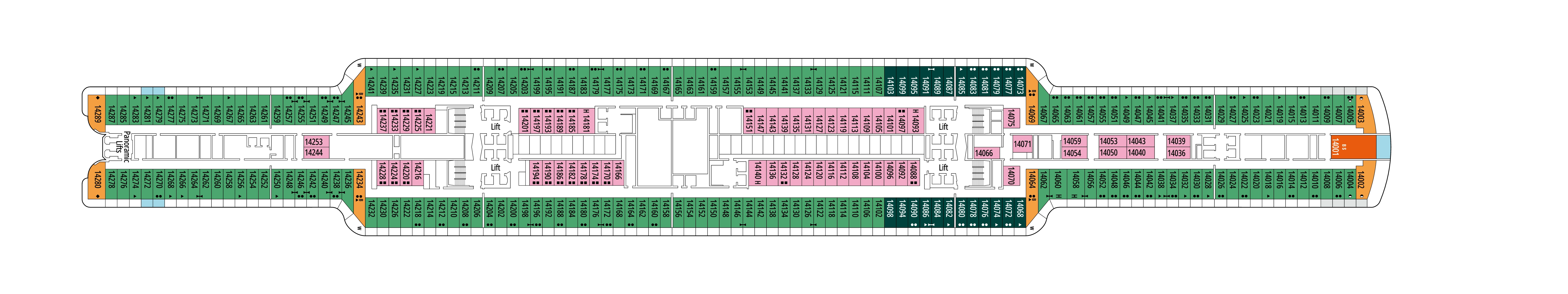 MSC Seashore, Deck 14: official cabin and venue layout