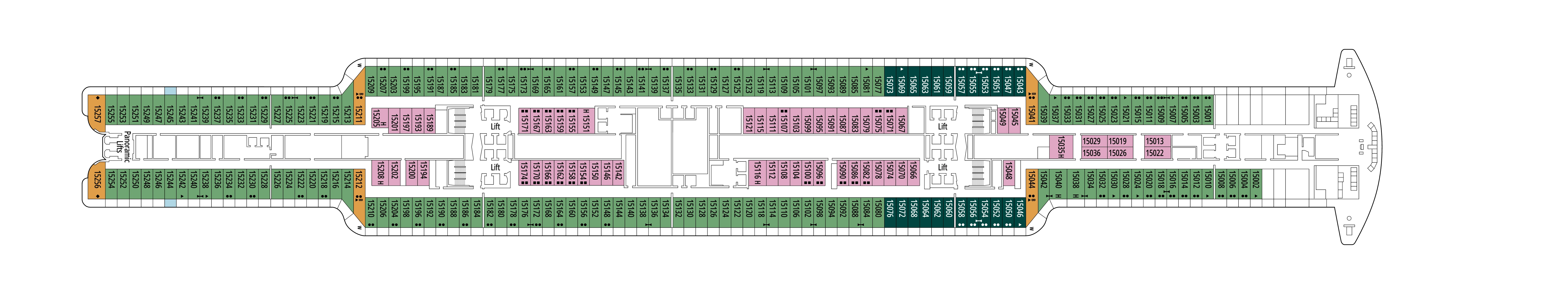 MSC Seashore, Deck 15: official cabin and venue layout