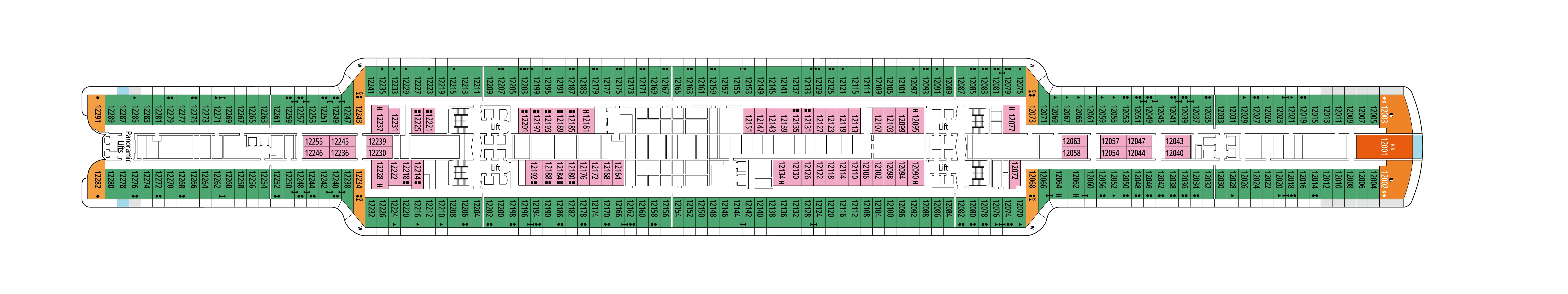 MSC Seashore, Deck 12: official cabin and venue layout