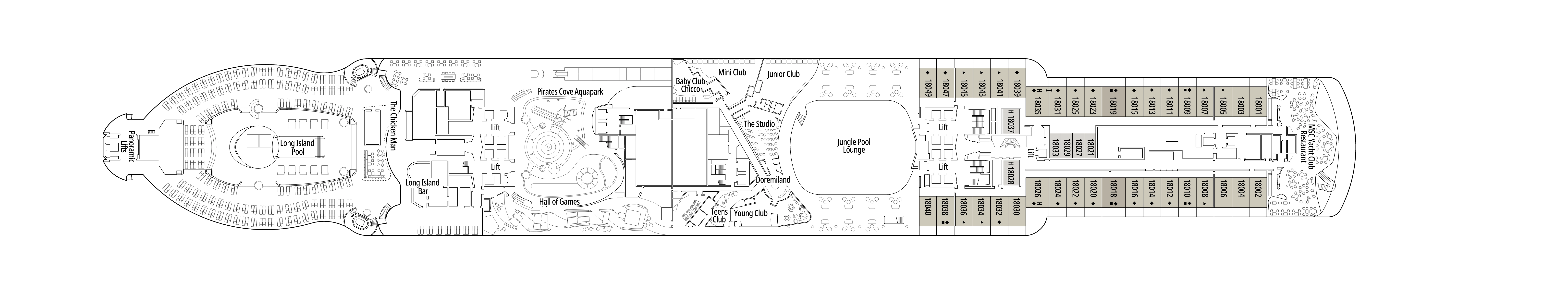 MSC Seashore, Deck 18: official cabin and venue layout