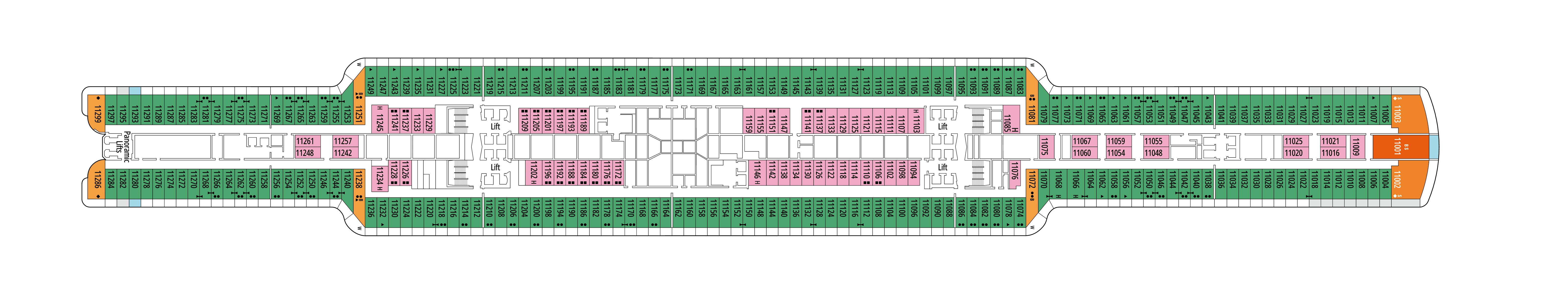 MSC Seashore, Deck 11: official cabin and venue layout