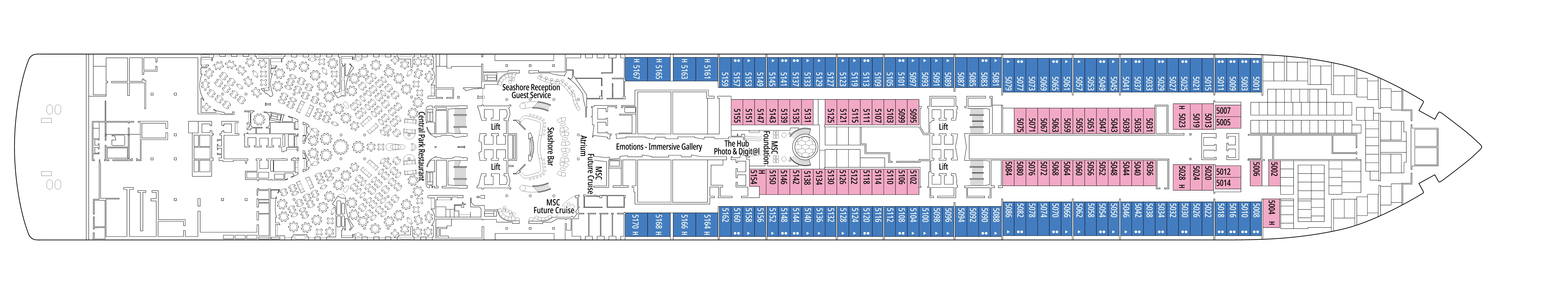MSC Seashore, Deck 5: official cabin and venue layout