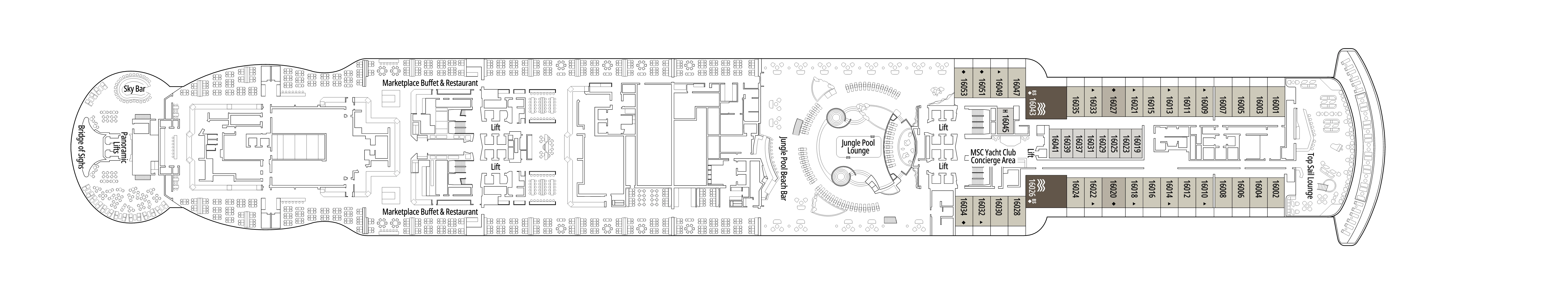 MSC Seashore, Deck 16: official cabin and venue layout