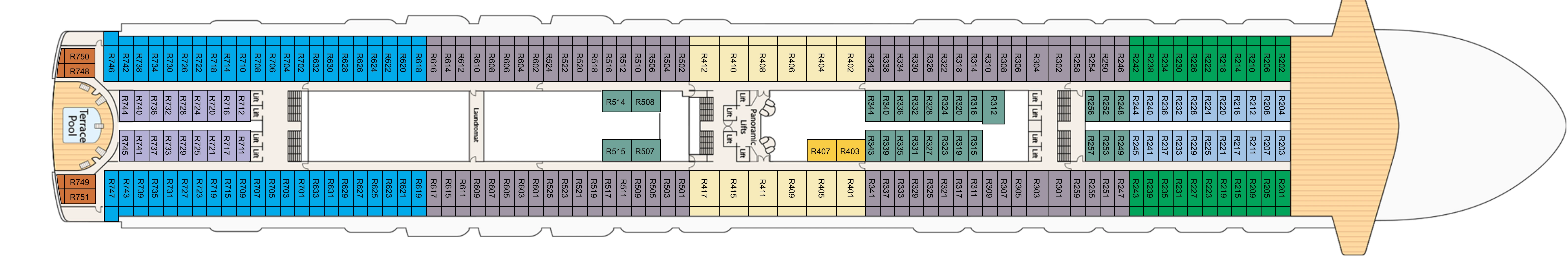 Ruby Princess, Deck 14: official cabin and venue layout