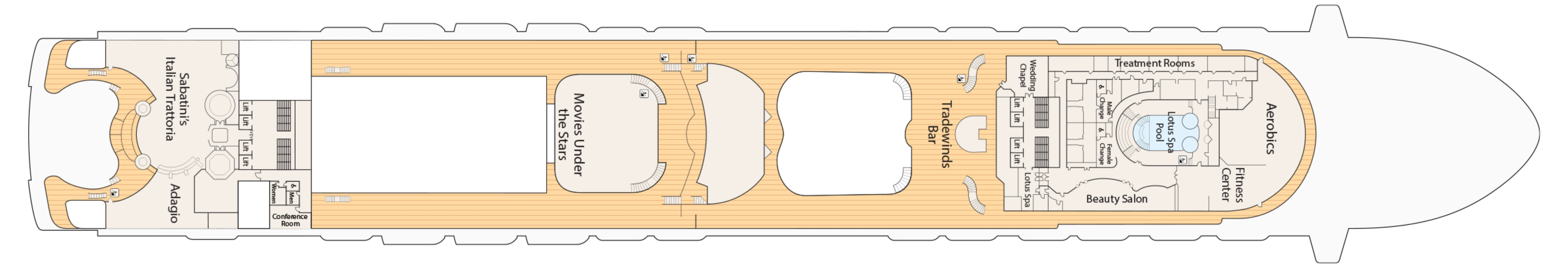 Ruby Princess, Deck 16: official cabin and venue layout