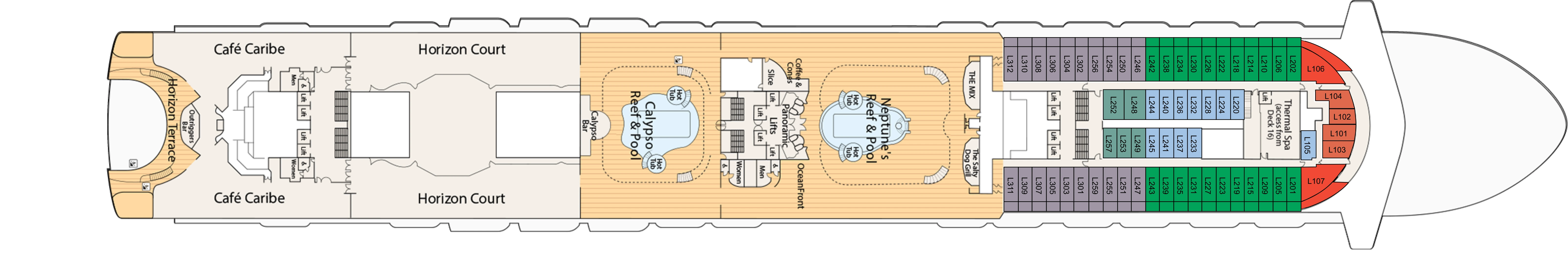 Ruby Princess, Deck 15: official cabin and venue layout
