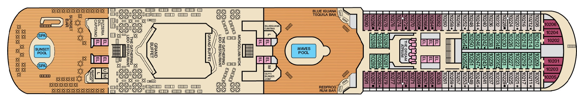 Carnival Dream, Deck 10: official cabin and venue layout
