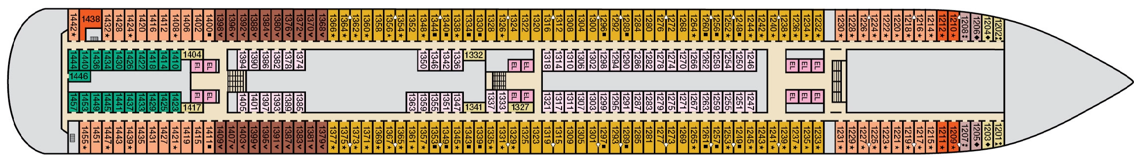Carnival Dream, Deck 1: official cabin and venue layout
