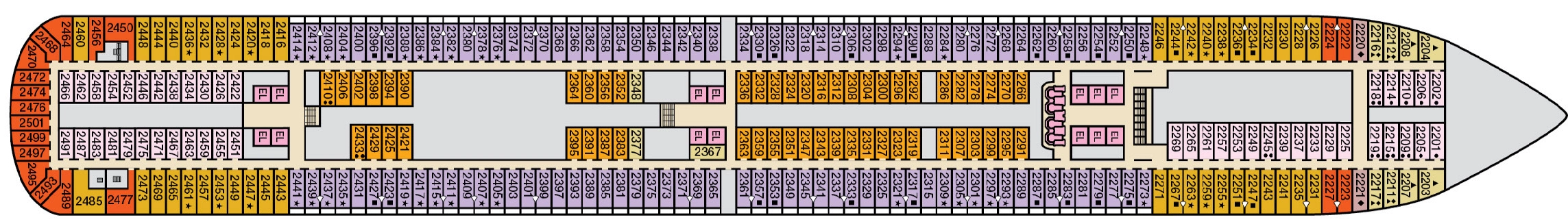 Carnival Dream, Deck 2: official cabin and venue layout