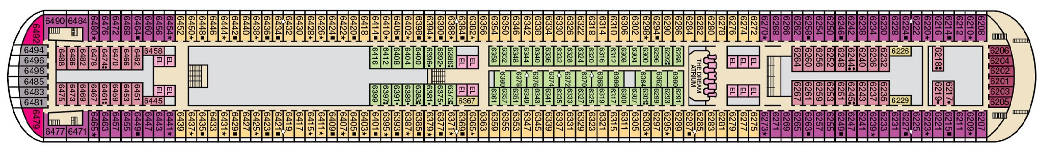Carnival Dream, Deck 6: official cabin and venue layout