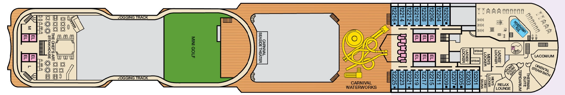 Carnival Dream, Deck 12: official cabin and venue layout