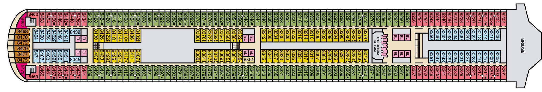 Carnival Dream, Deck 8: official cabin and venue layout