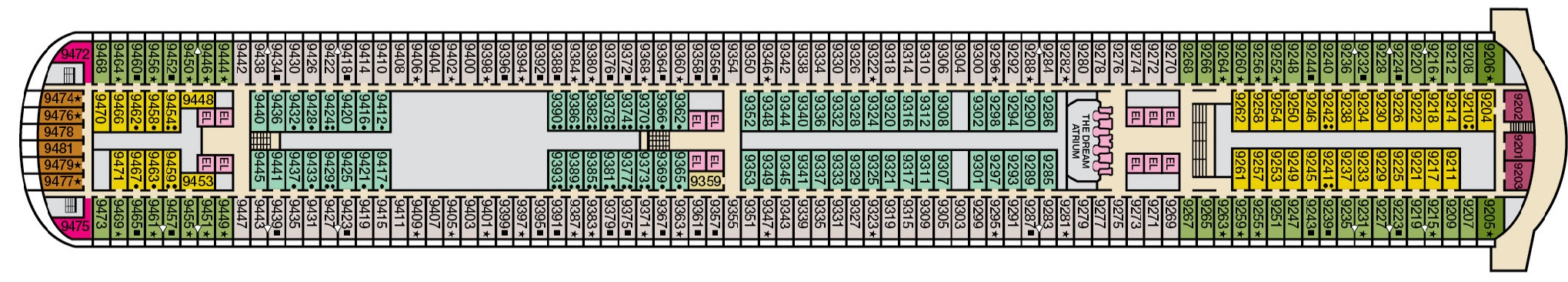 Carnival Dream, Deck 9: official cabin and venue layout