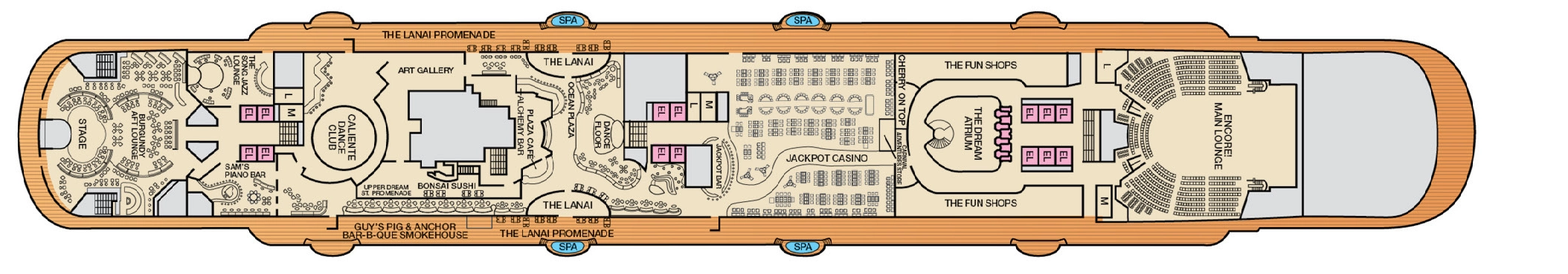 Carnival Dream, Deck 5: official cabin and venue layout