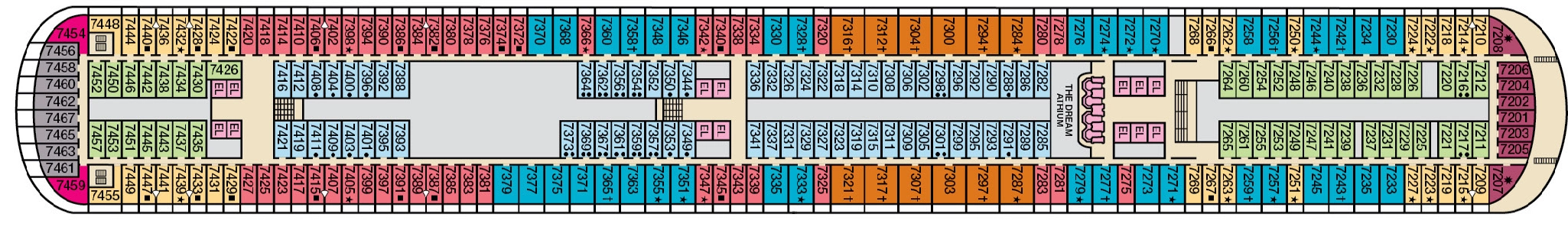 Carnival Dream, Deck 7: official cabin and venue layout