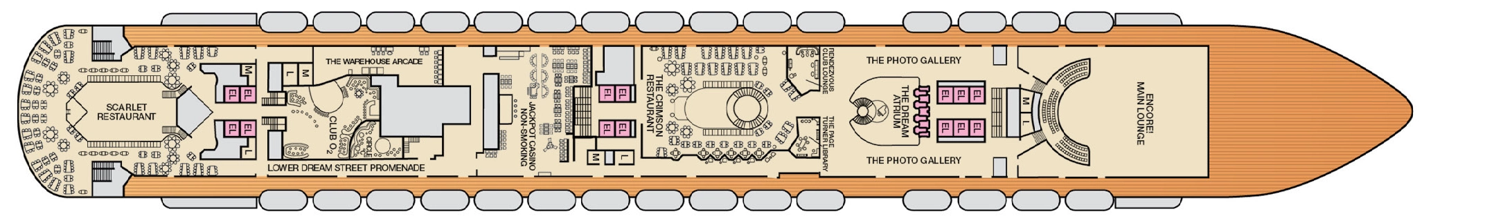 Carnival Dream, Deck 4: official cabin and venue layout